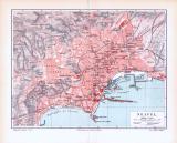 Farbig illustrierter Stadtplan und Landkarte aus 1893 zeigen die Umgebung von Neapel.
