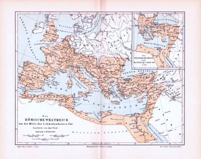 Das R&ouml;mische Weltreich um die Mitte des 2. Jahrh. Landkarte ca. 1893 Original der Zeit