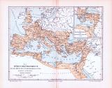 Farbig illustrierte Landkarte aus dem Jahr 1893. Zeigt das Römische Weltreiches um die Mitte des zweiten Jahrhunderts nach Chr..