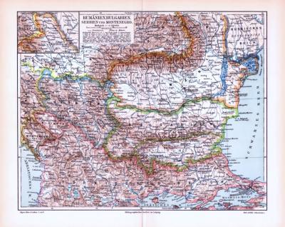Rumänien Bulgarien Serbien Montenegro Landkarte ca. 1896 Original der Zeit