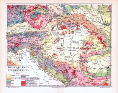 Farbig illustrierte Karte der geologischen Strukturen Österreich Ungarns aus dem Jahr 1893.