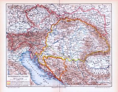 Farbig illustrierte Landkarte von Österreich Ungarn aus dem Jahr 1893.