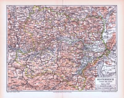 Farbig illustrierte Landkarte von Österreich unterhalb der Enns aus 1893.