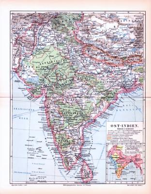 Farbig illustrierte Landkarte von Ost Indien aus 1893.