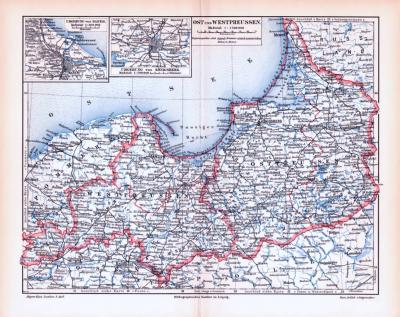 Farbig illustrierte Landkarte von Ost und Westpreussen aus 1893.