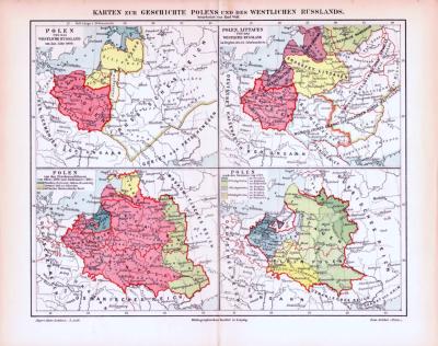 Farbig illustrierte Landkarten zur Geschichte Polens des Baltikums und Rußlands aus 1893.