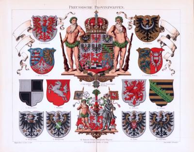 Chromolithographie aus 1893 zeigt die Wappen verschiedener Provinzen Preussens.
