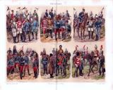 Chromolithographie aus 1893 zeigt die verschiedenen Uniformen der Reiterei aus 6 europäischen Ländern.