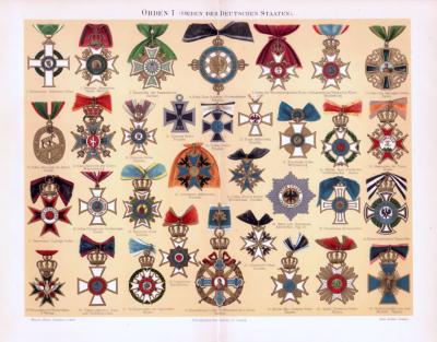 Chromolithographie aus 1893 zeigt 33 verschiedene Orden aus deutschen Staaten.