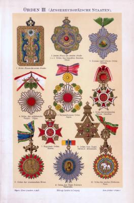 Chromolithographie aus 1893 zeigt 10 verschiedene Orden aus der Welt.