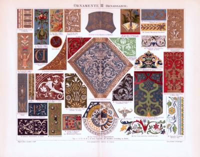Chromolithographie aus 1893 zeigt verschiedene Ornamente aus der Renaissance.
