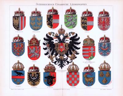 Chromolithographie aus 1893 zeigt verschiedene Länderwappen aus Österreich Ungarn.