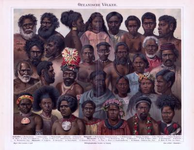 Chromolithographie aus 1893 zeigt Angehörige verschiedener Völker aus Ozeanien.