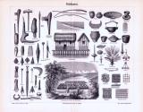 Stich aus 1893 zeigt verschiedene Gebäude und Gegenstände aus der Zeit der Pfahlbauten.