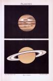 Farbige Lithographie aus 1893 zeigt die Planeten Jupiter und Saturn.