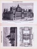 Stich und Abhandlung aus 1893 zum Reichstagsgebäude in Berlin und dem Reichsgerichtsgebäude in Leipzig.