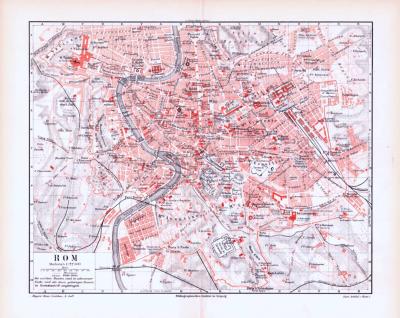 Farbige Lithographie eines Stadtplans von Rom und einer Landkarte der Umgebung Roms aus 1893.
