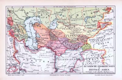 Russische Eroberungen in Zentral-Asien Landkarte ca. 1893 Original der Zeit