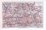 Farbige Lithographie einer Landkarte des Salzburger Landes aus 1893. Maßstab 1 zu 850.000.