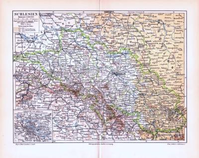 Farbige Lithographie einer Landkarte Schlesiens aus 1893. Maßstab 1 zu 1.500.000.