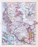 Farbige Lithographie einer Landkarte Schleswig-Holsteins aus dem Jahr 1893. Maßstab 1 zu 900.000.