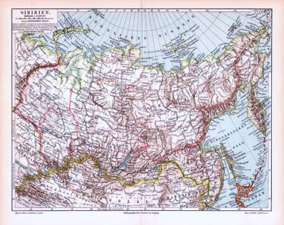 Farbige Lithographie einer Landkarte Sibiriens aus dem Jahr 1893. Maßstab 1 zu 21.000.000.
