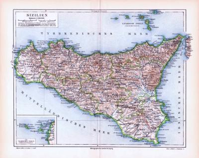 Farbige Lithographie einer Landkarte Siziliens aus dem Jahr 1893. Maßstab 1 zu 1.100.000.