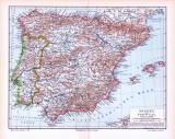 Farbige Lithographie einer Landkarte von Spanien und...