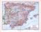 Farbige Lithographie einer Landkarte von Spanien und Portugal aus dem Jahr 1893. Maßstab 1 zu 4.500.000.