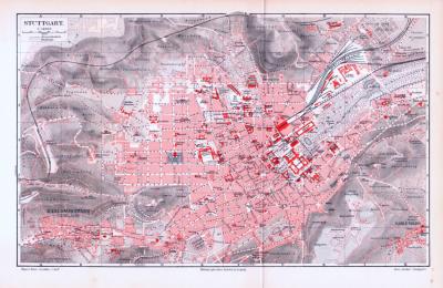 Farbige Lithographie eines Stadtplans von Stuttgart aus dem Jahr 1893. Maßstab 1 zu 14.000.