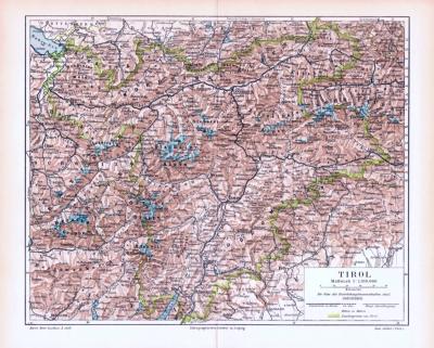 Farbige Lithographie einer Landkarte Tirols aus dem Jahr 1893. Maßstab 1 zu 1.100.000.