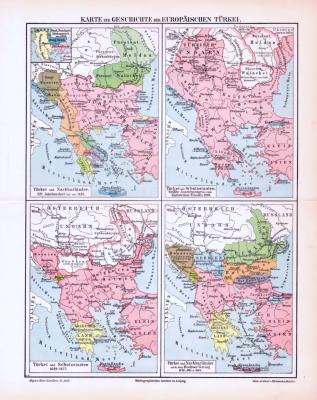 Farbige Lithographien von historischen Landkarten zur Geschichte der Europäischen Türkei aus dem Jahr 1893.