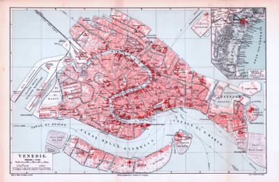 Farbige Lithographie eines Stadtplans von Venedig aus dem Jahr 1893. Maßstab 1 zu 13.250.