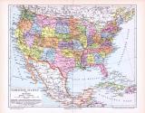 Farbige Lithographie einer Landkarte der Vereinigten Staaten von Amerika und Mexiko aus dem Jahr 1893. Maßstab 1 zu 20.000.000.