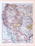 Farbige Lithographie einer Landkarte des westlichen Teils der Vereinigten Staaten von Amerikaaus dem Jahr 1893. Maßstab 1 zu 12.000.000.