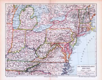 Farbige Lithographie einer Landkarte des nordöstlichen Teils der Vereinigten Staaten von Amerika aus dem Jahr 1893. Maßstab 1 zu 6.000.000.