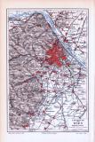 Farbige Lithographie einer Landkarte der Umgebung von Wien aus dem Jahr 1893. Maßstab 1 zu 225.000.