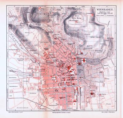 Farbige Lithographie eines Stadtplans von Wiesbaden aus dem Jahr 1893. Maßstab 1 zu 15.000.