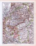 Farbige Lithographie einer Landkarte von Württemberg und Hohenzollern aus dem Jahr 1893. Maßstab 1 zu 850.000.