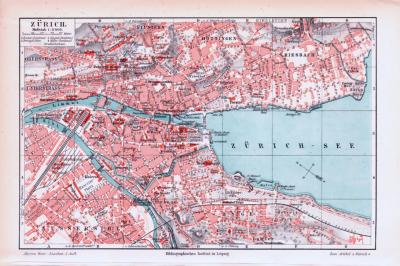 Farbige Lithographie eines Stadtplans von Zürich aus dem Jahr 1893. Maßstab 1 zu 17.000.