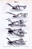 Stich aus 1893 zeigt technische Darstellungen von landwirtschaftlich genutzen Pflügen.