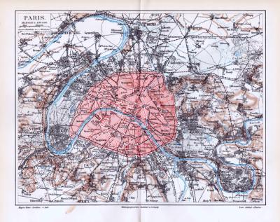 Farbig lithographierte Landkarten aus 1893 zeigen die Umgebung von Paris und Befestigungswerke.