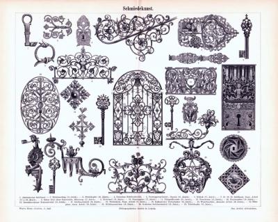 Stich aus 1893 zeigt verschiedene Objekte der Schmiedekunst.