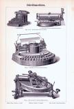 Stich aus 1893 zeigt verschiedene Schreibmaschinentypen.