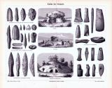 Stich aus 1893 zeigt Objekte und Bauwerke aus der Kultur der Steinzeit.