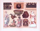 Chromolithographie aus 1893 zeigt verschiedene Terrakotten aus der Zeit der Antike.