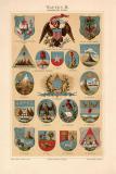 Chromolithographie aus 1893 zeigt verschiedene Wappen.