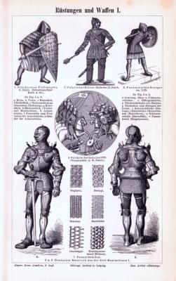 Stich aus 1893 zeigt verschiedene Arten von Rüstungen und Waffen aus der Zeit des Mittelalters.