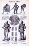 Stich aus 1893 zeigt verschiedene Arten von Rüstungen und Waffen aus der Zeit des Mittelalters.
