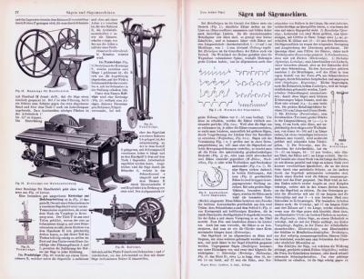 Technische Abhandlung mit Stichen aus 1893 zum Thema Sägen und Sägemaschinen.